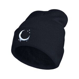 Black Knit Beanie with Embroidered Crescent Moon and Stars — Unisex Winter Hat